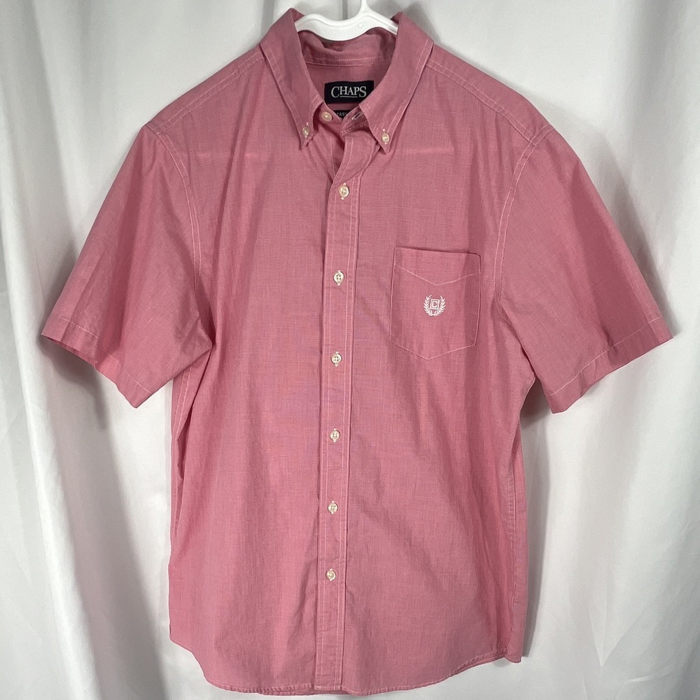 Chaps Men's size Medium Short Sleeve Dark Pink and White Button-Down Shirt